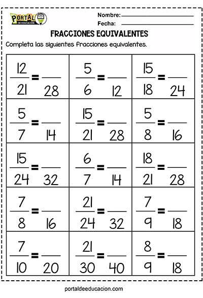 Completa las Siguientes Fracciones Equivalentes